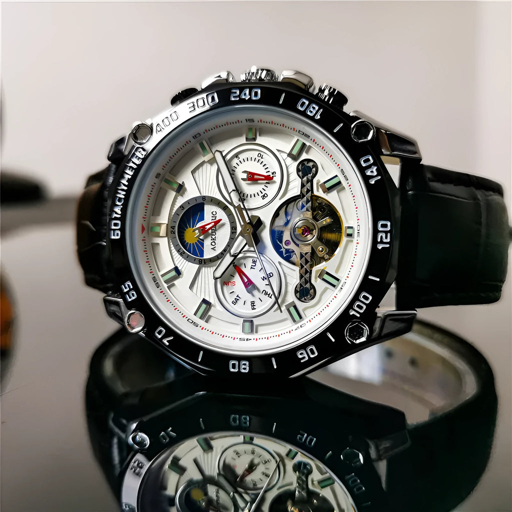 Men's automatic mechanical watch in silver case with white dial, black case with black dial, or gold steel options