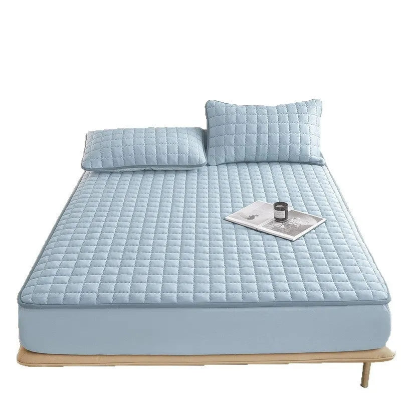 Class A waterproof washed cotton fitted sheet in blue, shown fitted on a mattress corner.