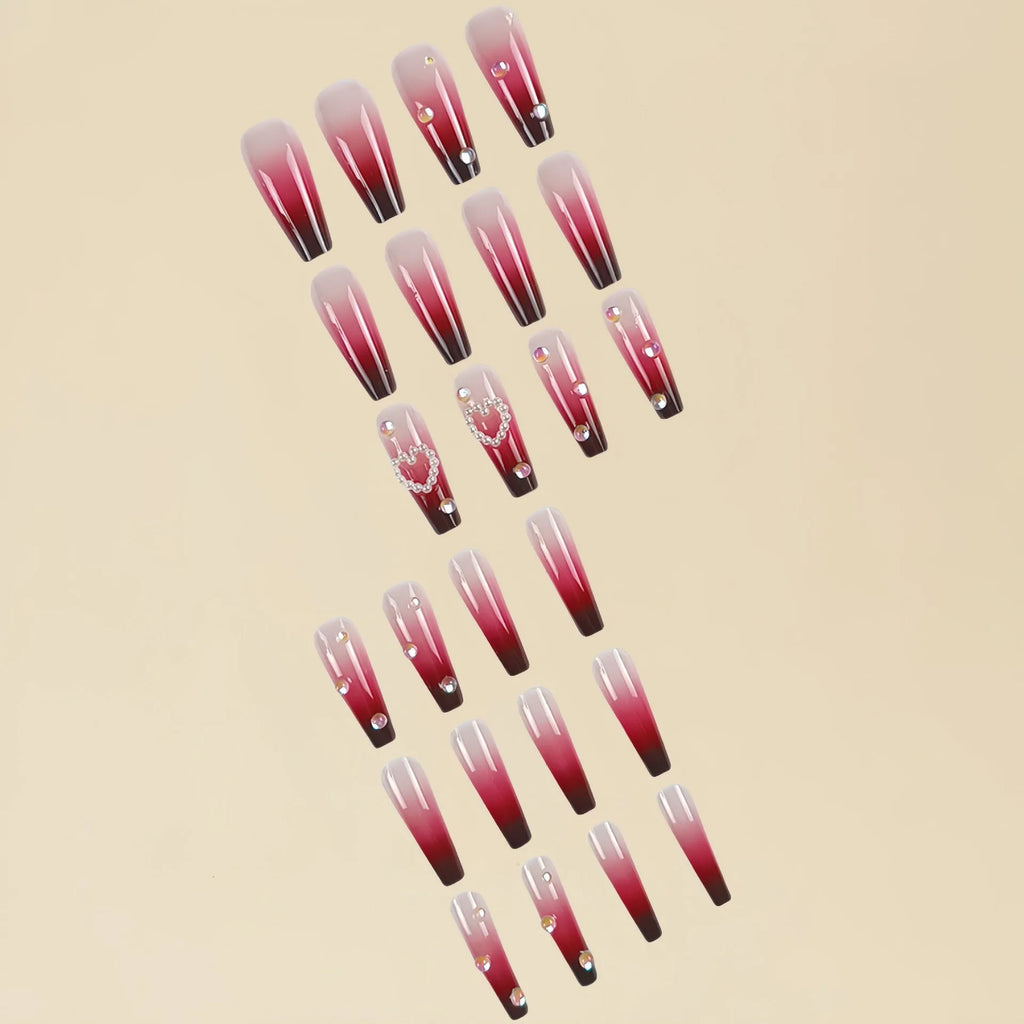 Wine red gradient fake nail tip with pearl heart accent and plaid pattern
