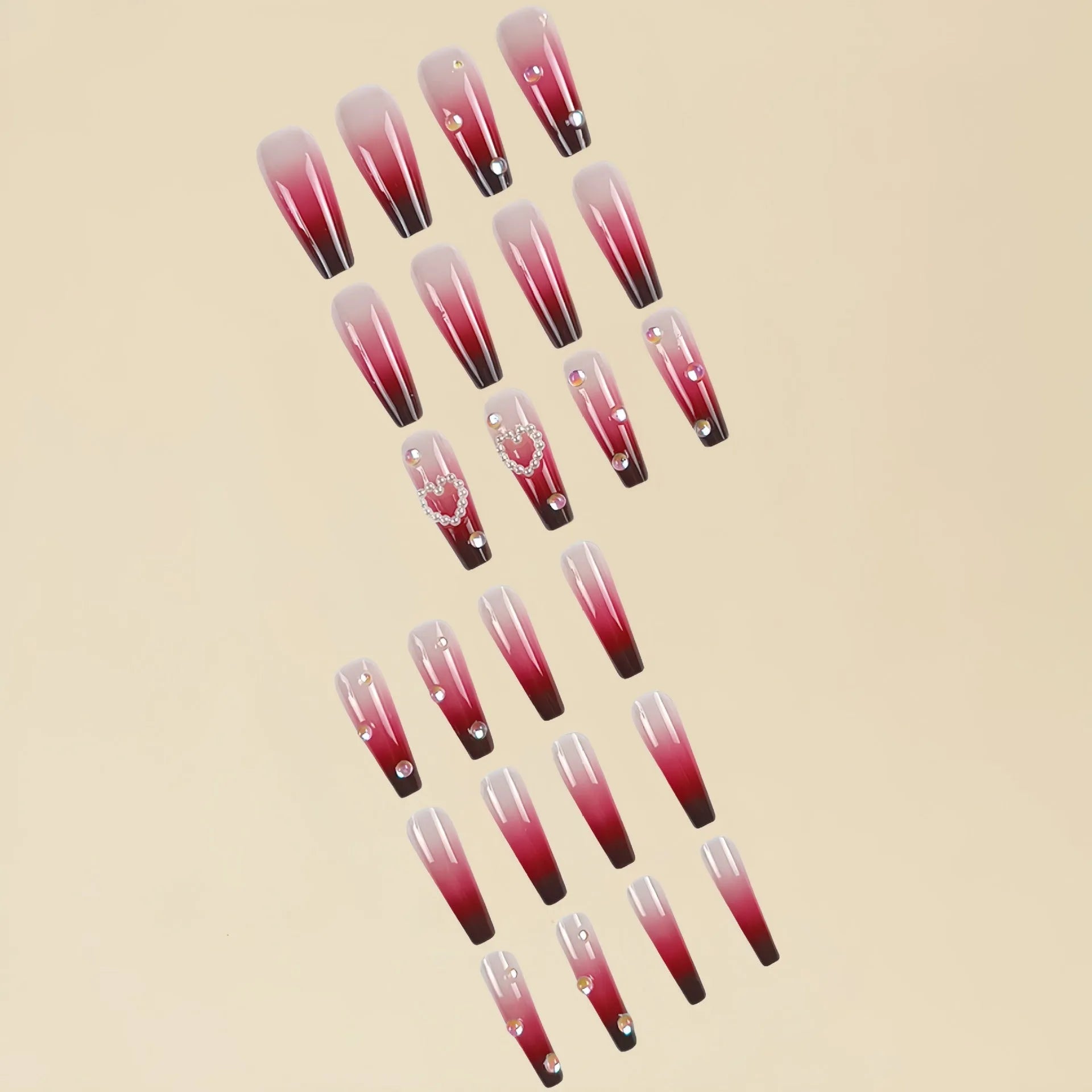 Wine red gradient fake nail tip with pearl heart accent and plaid pattern