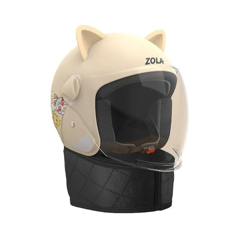 Blue electric bike helmet with attached winter scarf and a clear anti-fog visor lowered.