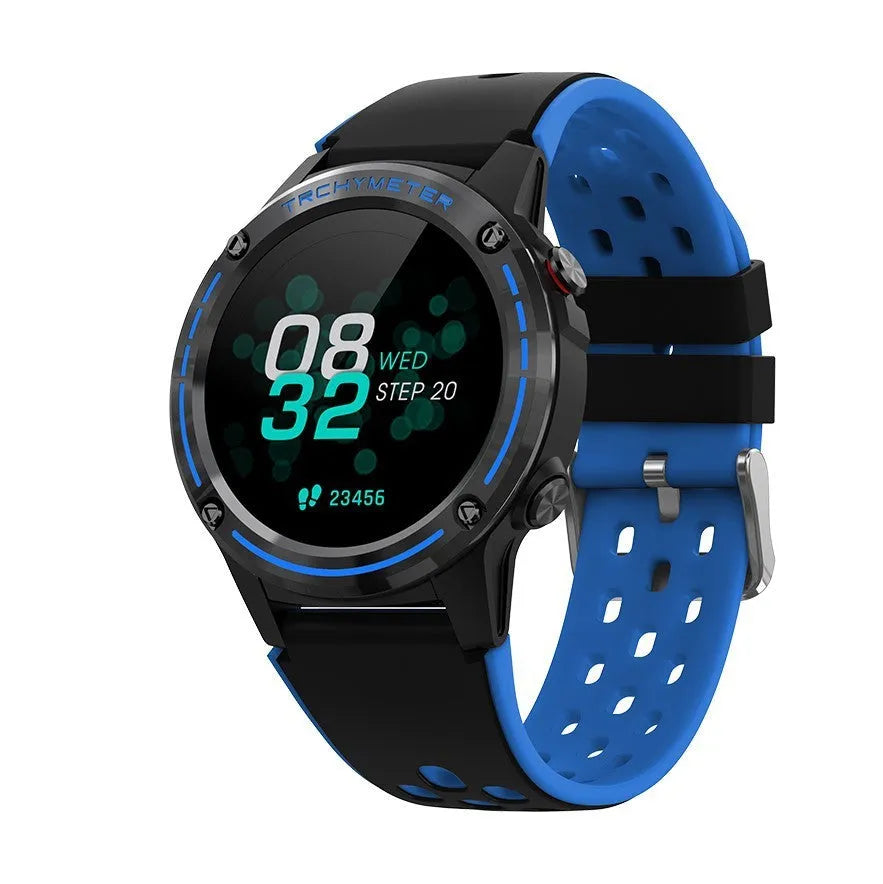Square GPS smart watch with silicone strap in multiple colour options showing 49mm dimensions