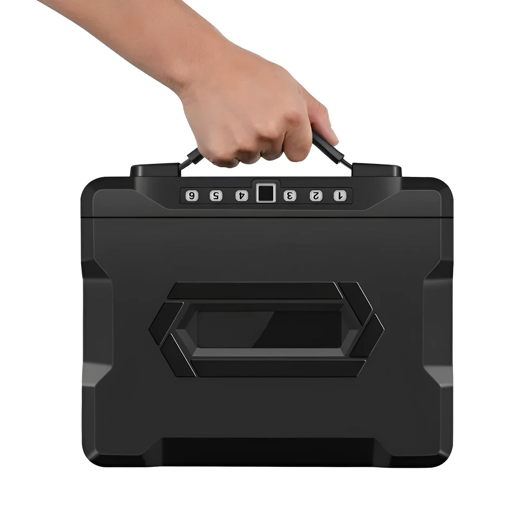 Small portable steel safe box with a mechanical combination dial lock on the front.