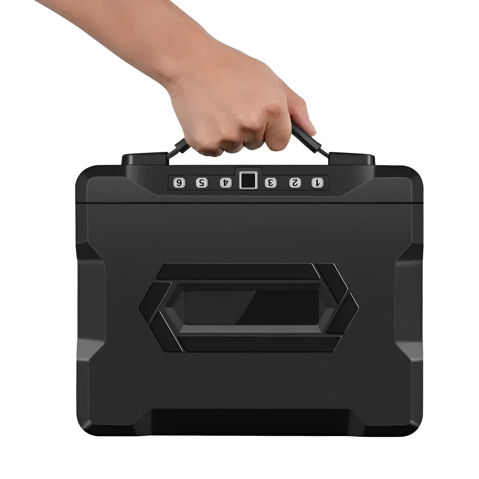 Small portable steel safe box with a mechanical combination dial lock on the front.