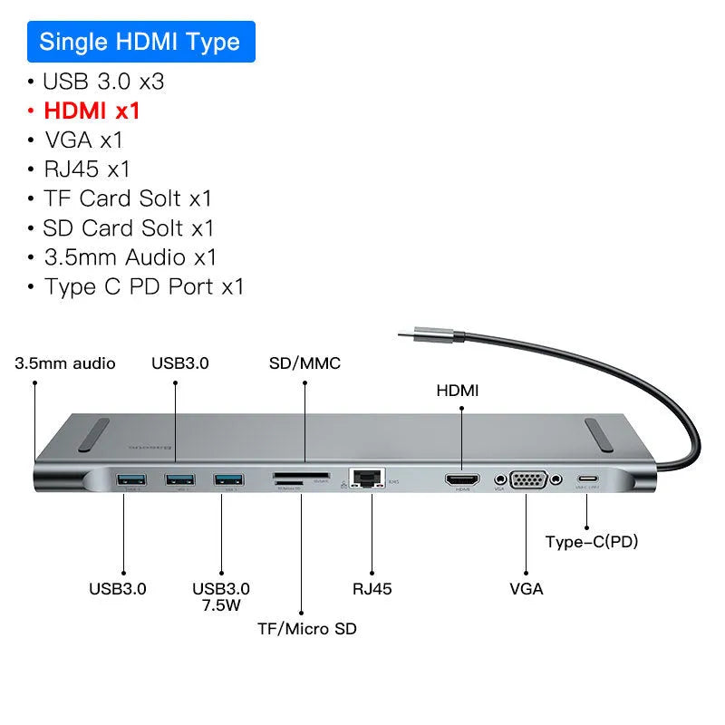 Grey aluminium 10-port docking station with cooling bracket showing HDMI VGA and USB ports