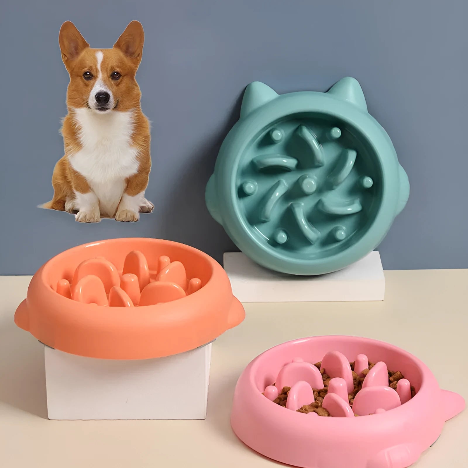 Green PP plastic slow feeder bowl for dogs with bone-shaped internal maze ridges.