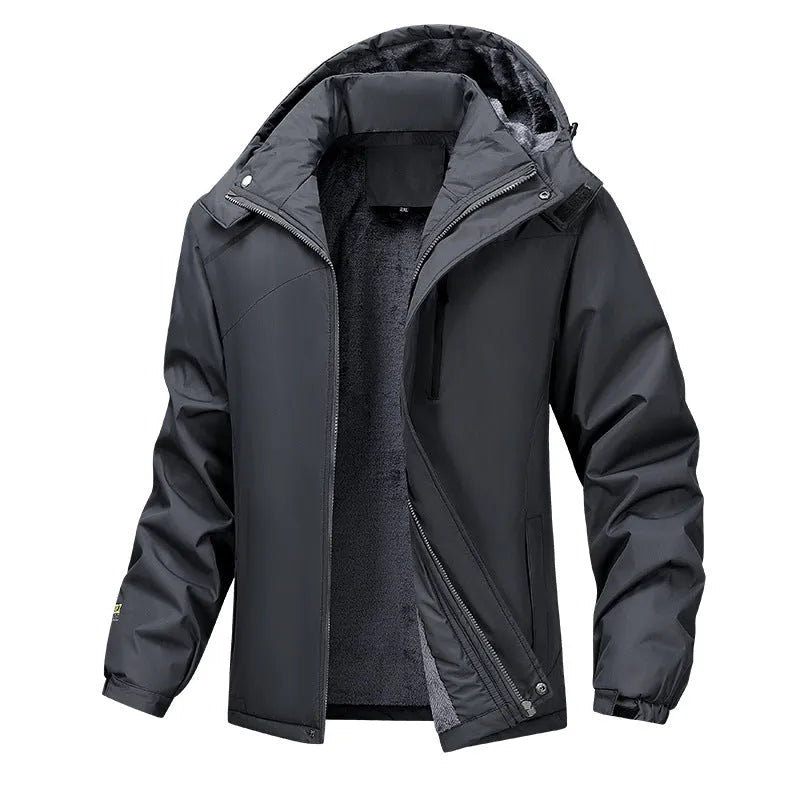 Plus size men's hooded waterproof coat in Army Green, shown on a model.