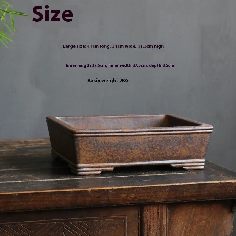 Purple sand rectangular bonsai pot with firewood burning texture pattern