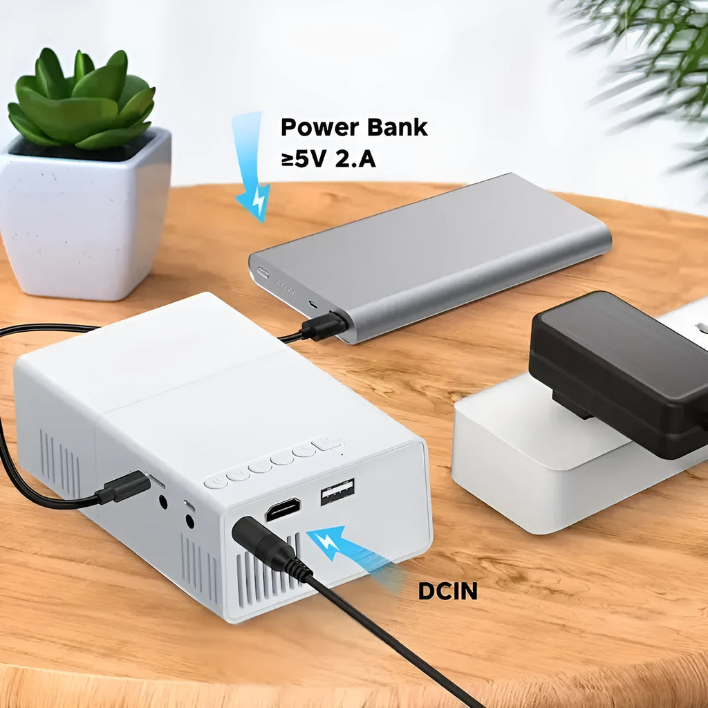 M100 portable mini LED projector in black and white options with remote control and cables