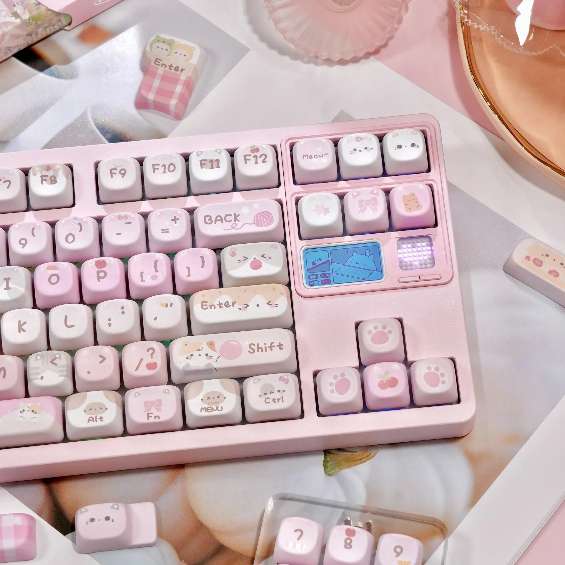 MOA mechanical keyboard keycaps with cartoon design and pink colour on five-sided sublimation printing