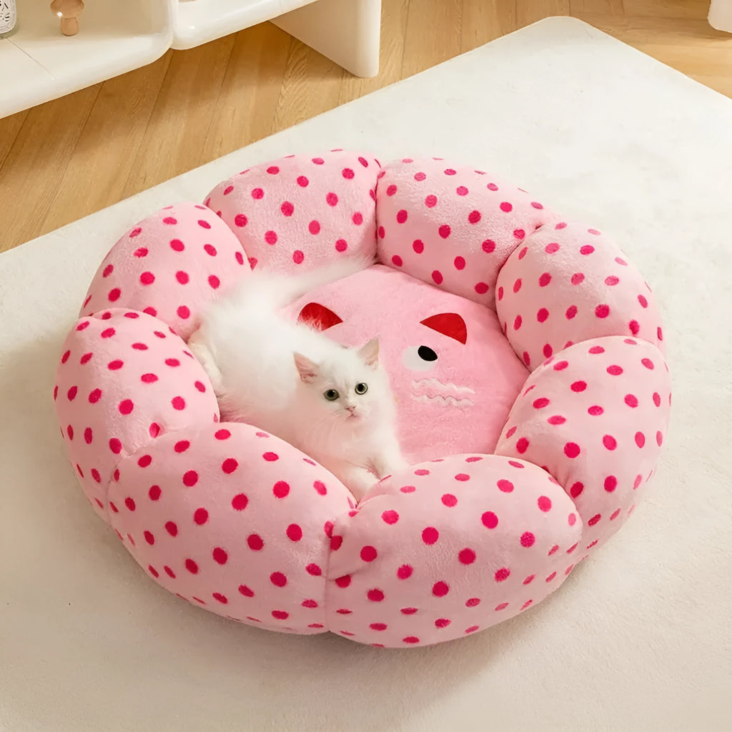 Pink dot fabric cat bed with cushion, 45cm or 65cm diameter for small to medium cats up to 20 pounds