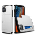 Green sliding wallet phone case for iPhone showing card slot and raised camera lip