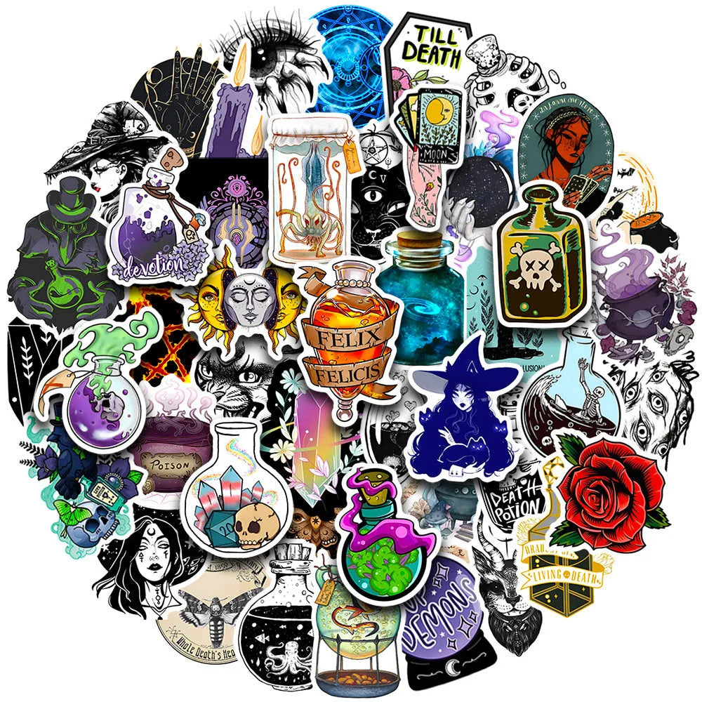 Pack of 50 colourful waterproof PVC stickers for laptops and skateboards, ranging from 3cm to 8cm in size.