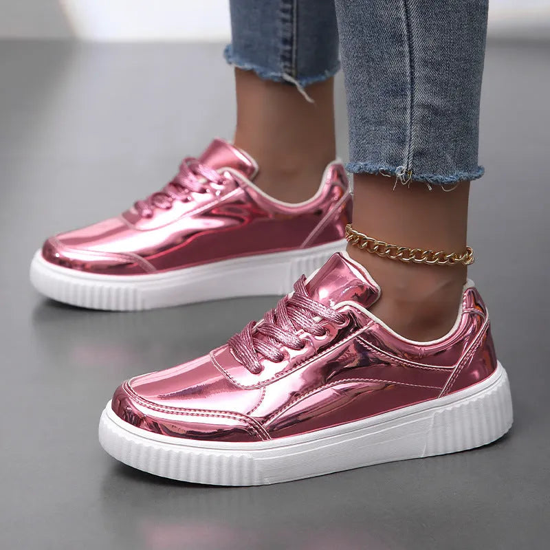 Rose gold sequined platform sneakers with round toe and thick MD sole
