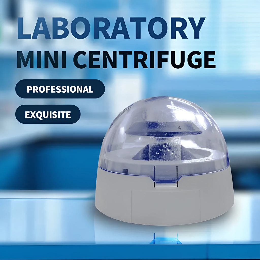 Small white laboratory mini centrifuge on a benchtop with dimensions 157mm wide by 170mm deep.
