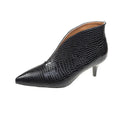 Women's V cut pointed embossed chunky heel Martin boots in artificial PU, black colour, low tube length