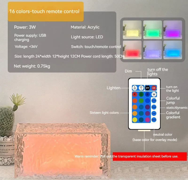 Small modern geometric acrylic night lamp with coloured LED light on a wooden surface.