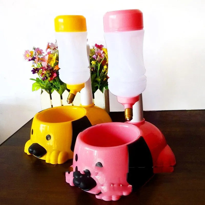 Adjustable rod-lifting plastic pet drinking bowl in blue, shown at an angle to display height mechanism.