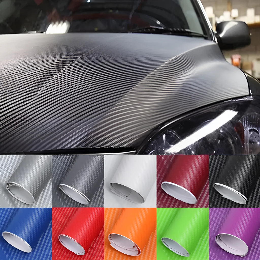 Roll of carbon fibre decorative sticker for cars in multiple colours, showing 3D stereo pattern