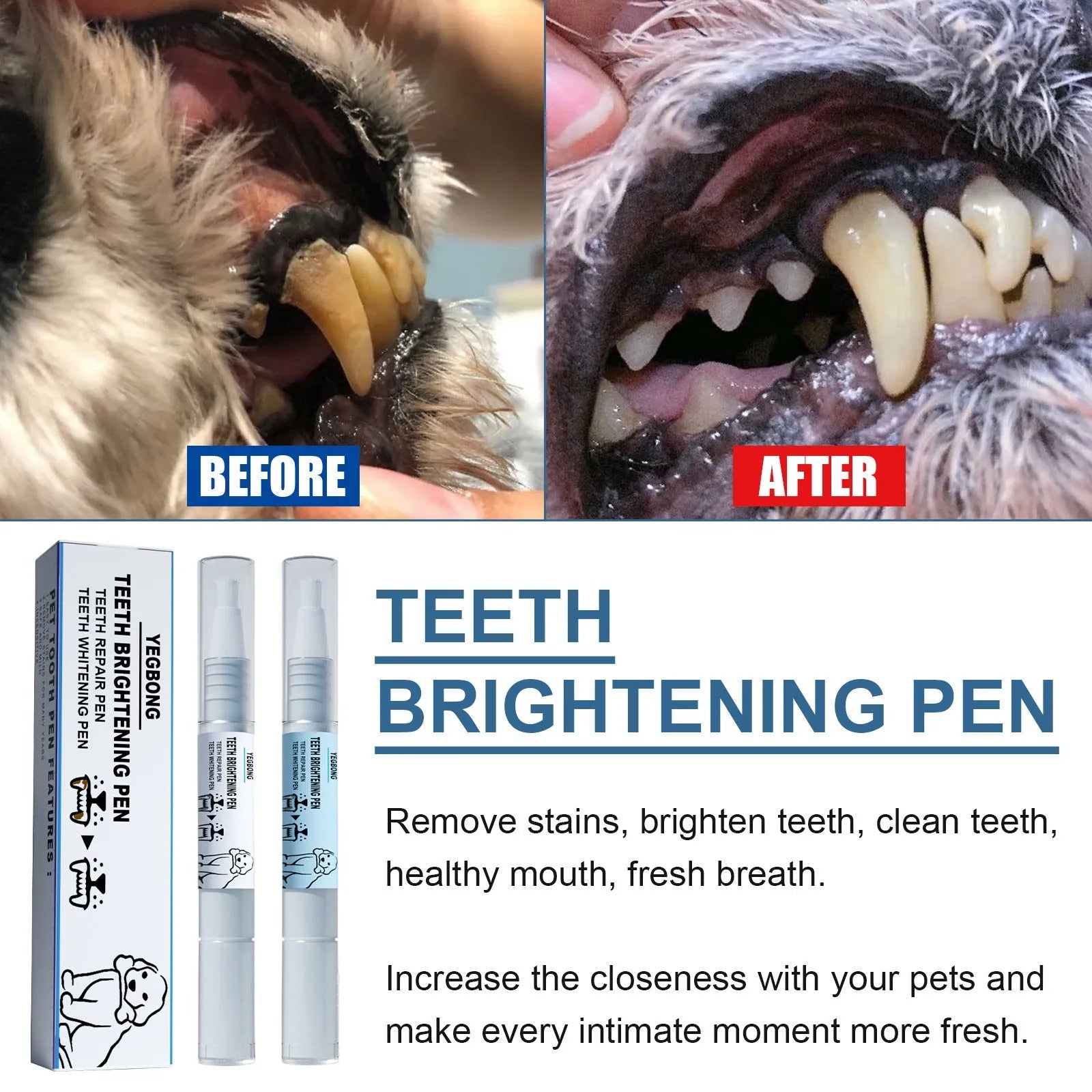 Yegbong pet teeth whitening pen with dual 3ml formula and dental brushes for dogs and cats