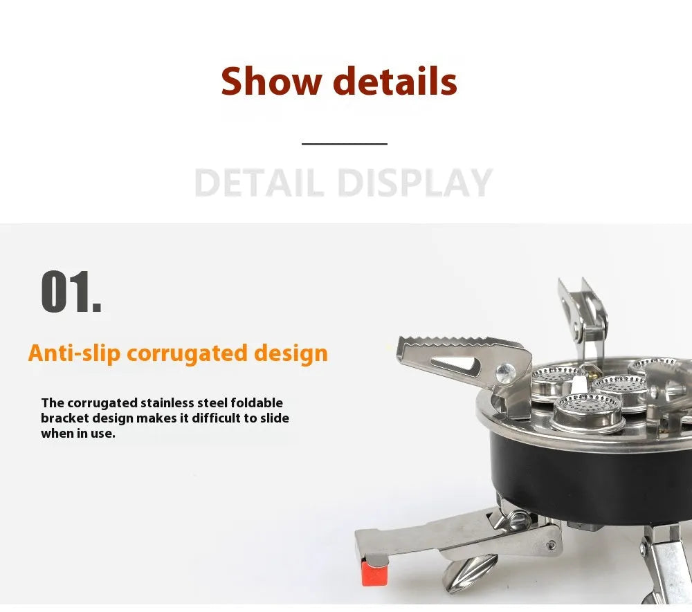 Silver portable split camping stove made of stainless steel and copper, shown in folded position.