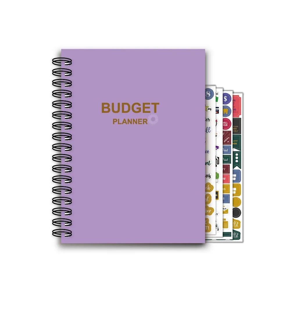 J12 purple coil-bound budget notebook with stickers and paper clips for financial planning