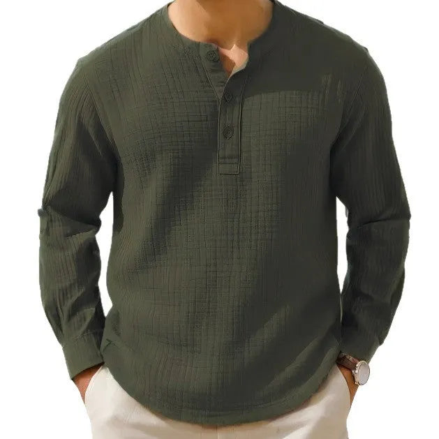 Cotton and linen long sleeve shirt round neck slim fit in solid colour for teenagers