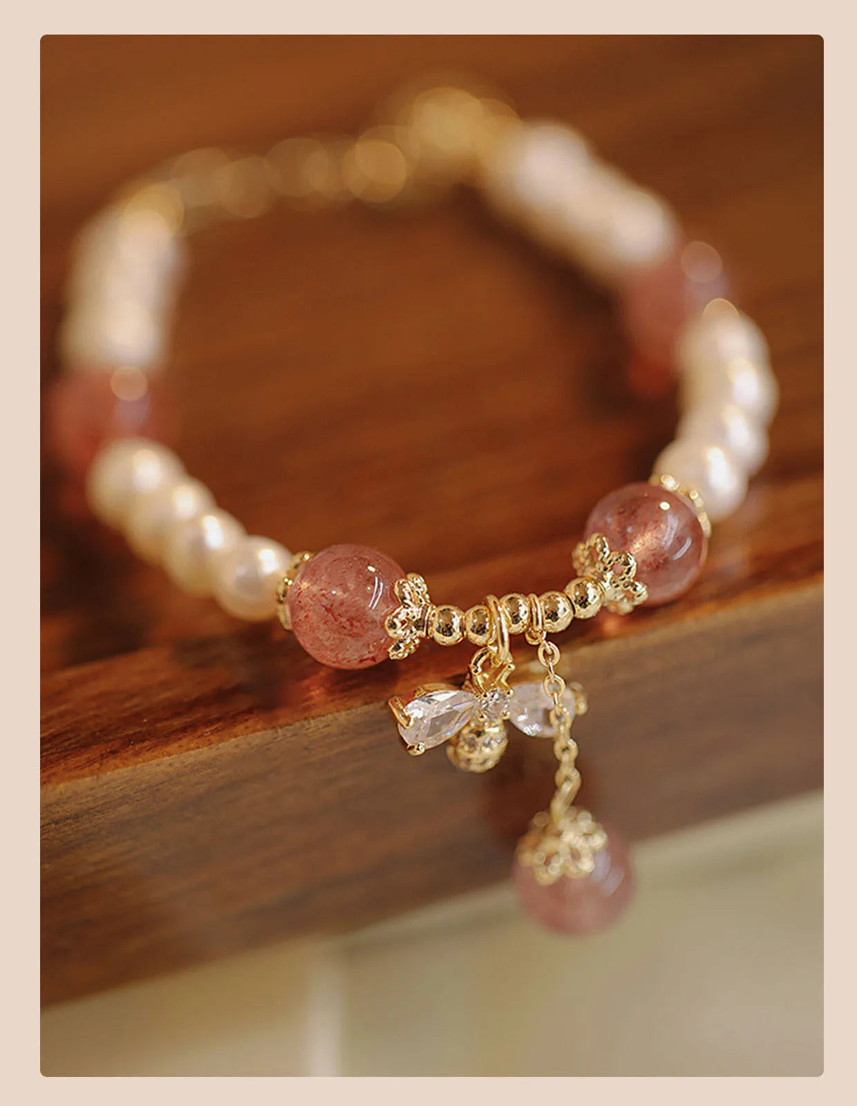 Crystal strawberry quartz stringed pearls bracelet handmade women's INS style with bow detail
