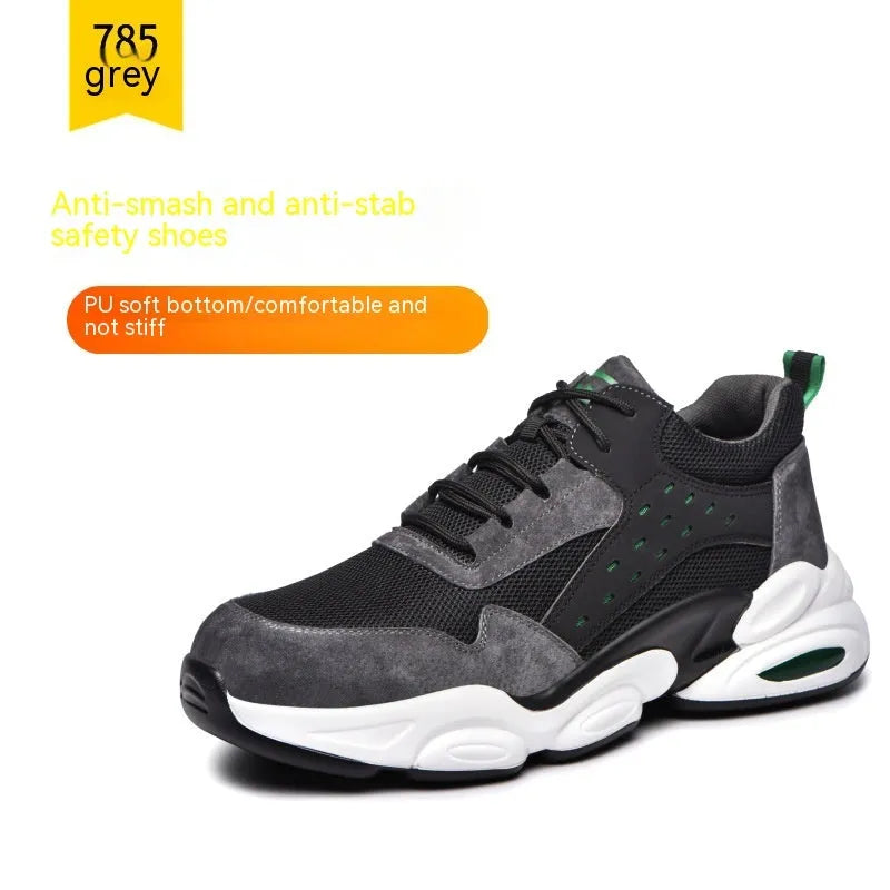 Mesh breathable labour insurance work shoes with anti-smash anti-puncture protection in black, grey, or beige.