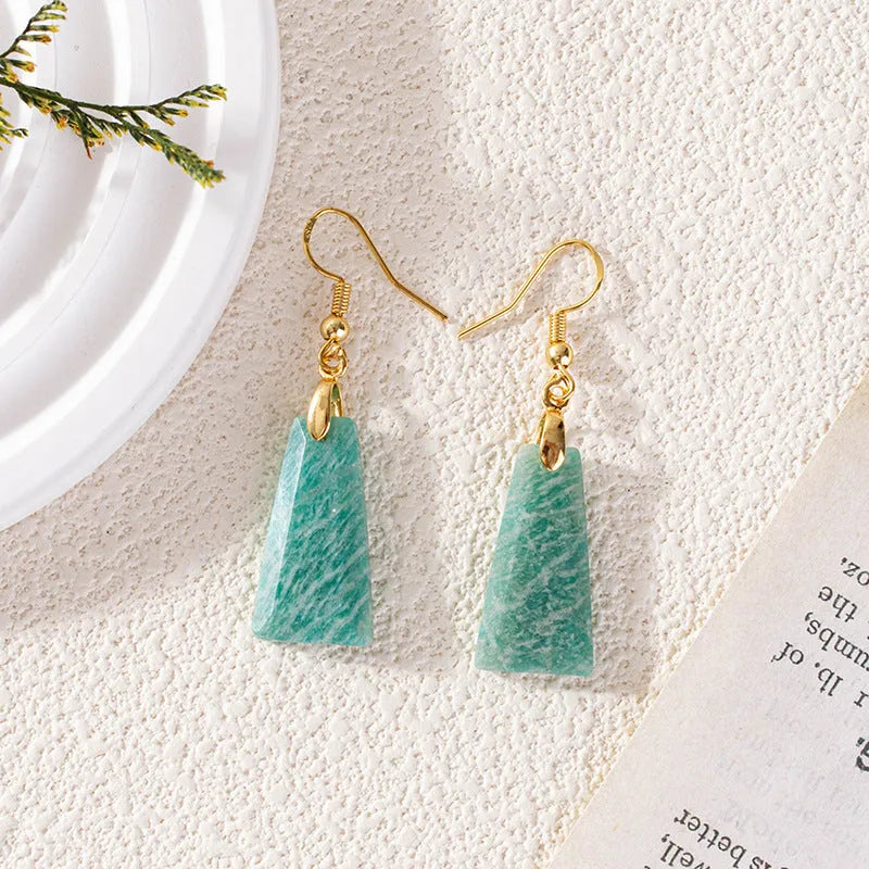 Amazonite rough stone trapezoid dangle earrings with gold or silver metal settings.