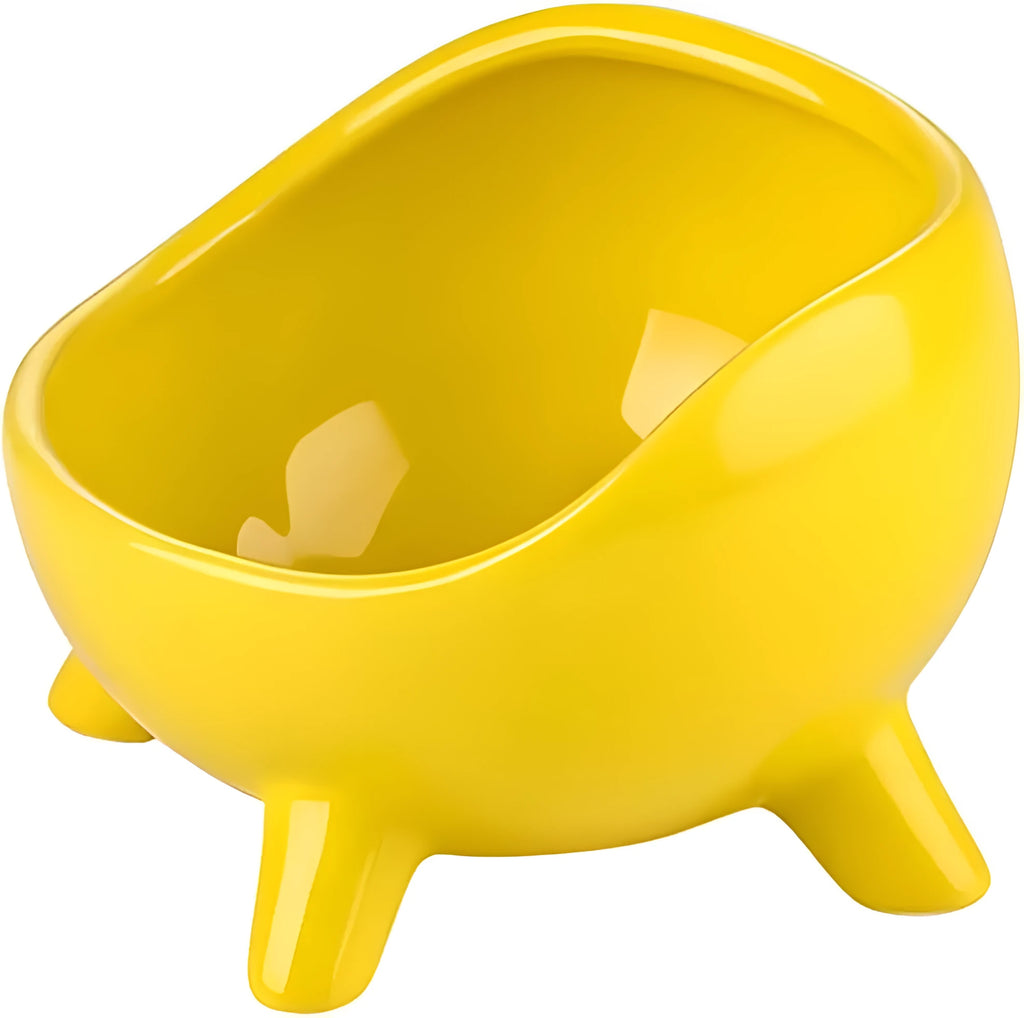 Ceramic cat food bowl with four legs, rounded arc shape, in green or yellow, small and large sizes