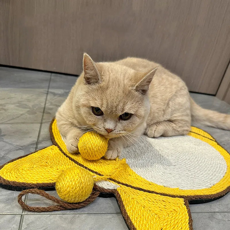 Yellow Corgi butt design sisal cat scratching pad with anti-slip base measuring 37 by 40 centimetres