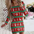 Red Christmas dress with flower print, round neck, long sleeves, and a tight-fitting short hip skirt.