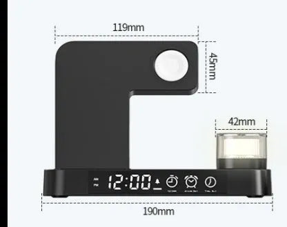 4-in-1 wireless charger station with alarm clock display and foldable stand charging a phone, headphones and watch