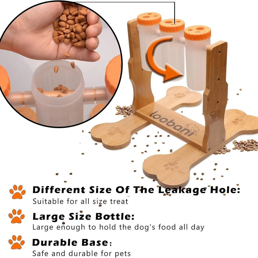 Natural wood colour interactive dog puzzle toy and snack dispenser feeder, 31cm by 30cm by 20cm.