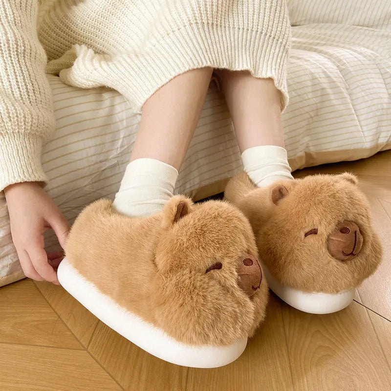 Women's winter bag heel slippers in light brown with plush upper and round toe, artificial wool lining visible inside