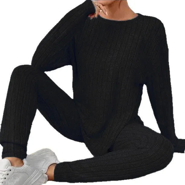 Women's black sunken stripe polyester homewear set with regular sleeves and trousers