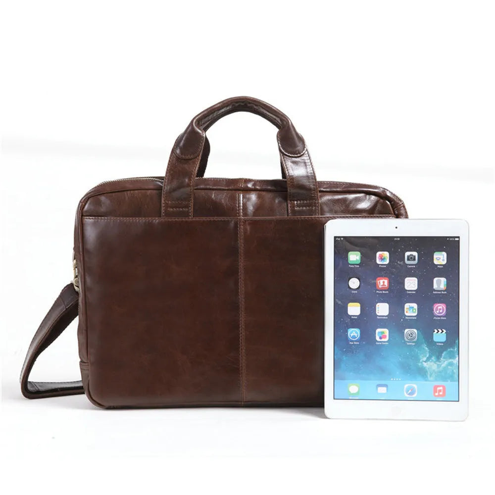 Brown 18-inch men's business briefcase in first-layer cowhide leather with polyester cotton lining