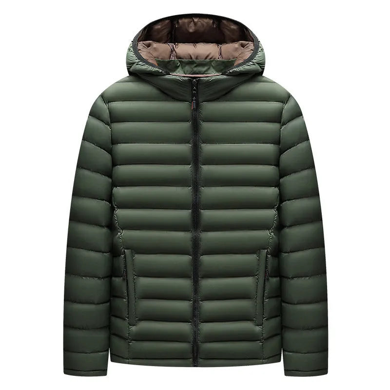 Men's lightweight down cotton-padded jacket in black with hood and zipper pockets, shown front view