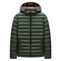 Men's lightweight down cotton-padded jacket in black with hood and zipper pockets, shown front view