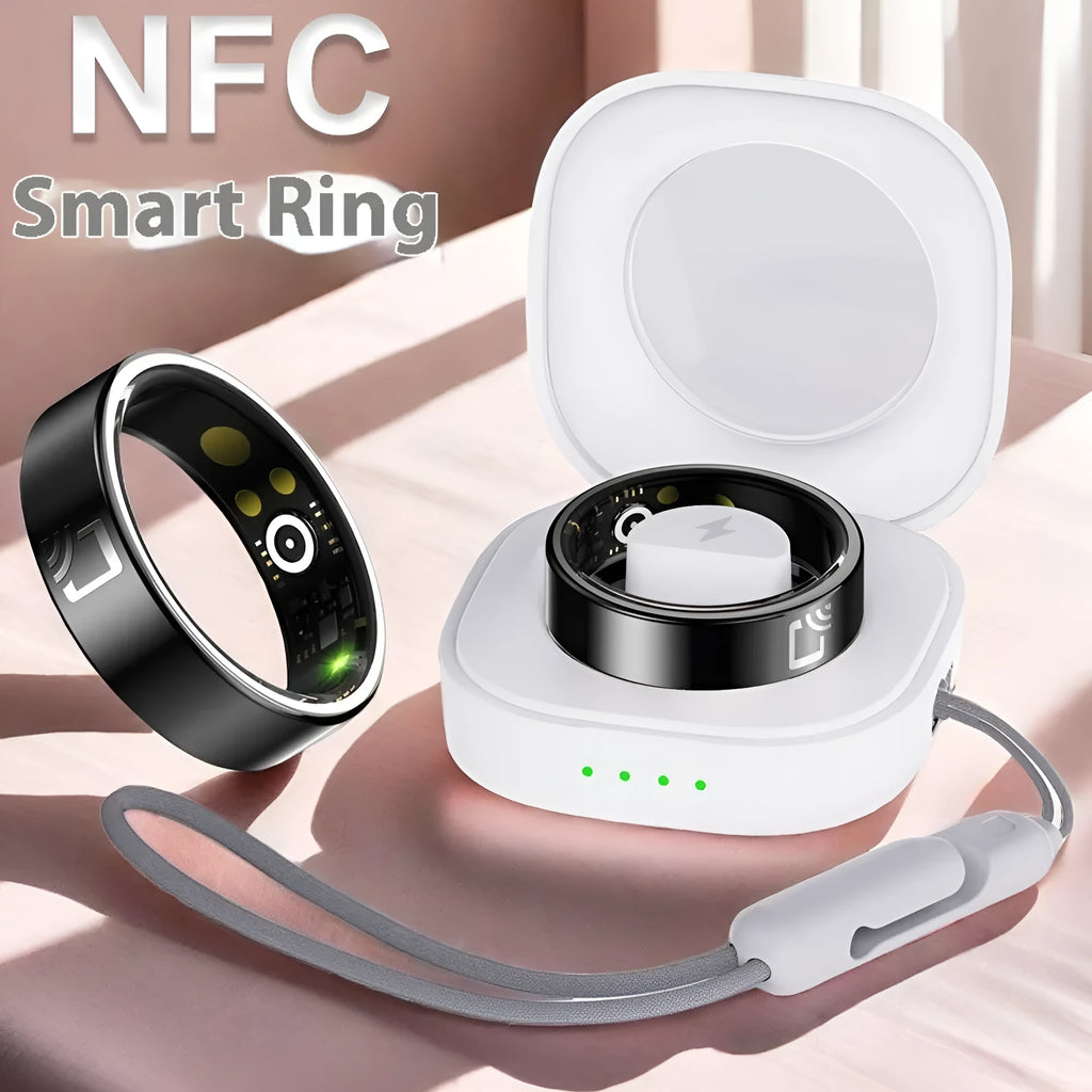 Black ceramic smart ring for heart rate and blood oxygen monitoring on finger