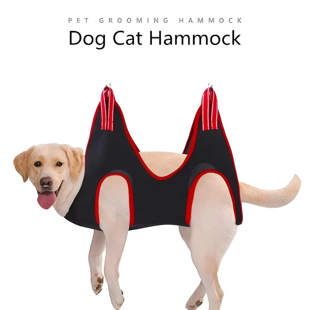Pet cat and dog grooming hammock restraint bag in a hanging set for nail cutting and bath trimming.