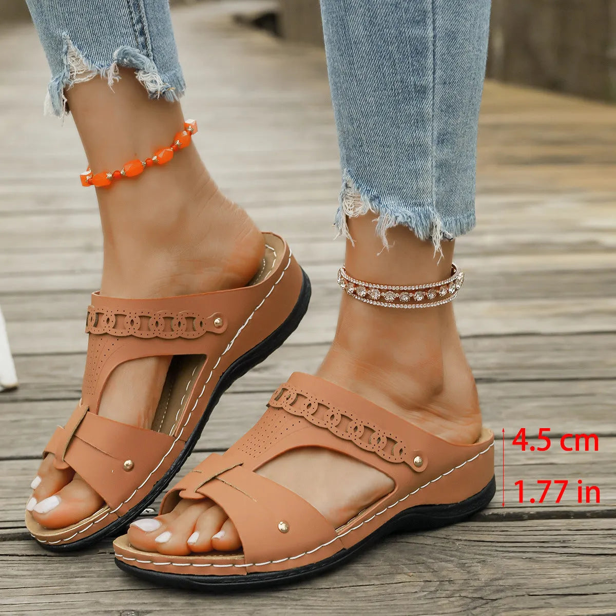 Roman-style slope heel slippers in a chosen colour, showing fish mouth toe design and rubber sole.