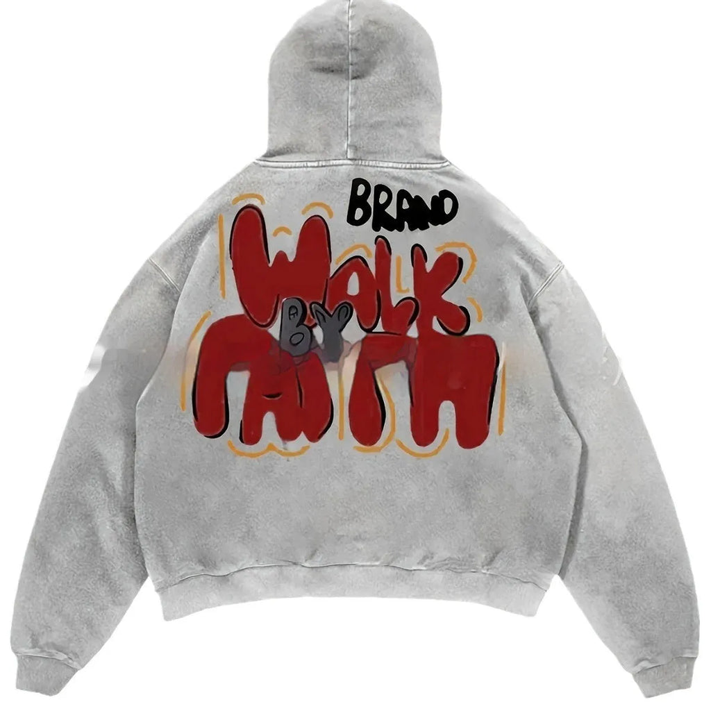 Granny Grey women's hoodie with black character letter print, long sleeves, and a front pocket.