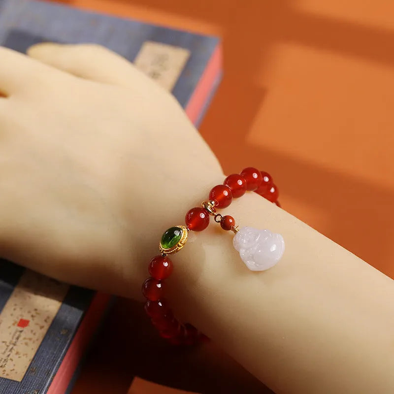 Natural agate bracelet with red agate beads and hanging jade Maitreya Buddha pendant in ancient gold tone