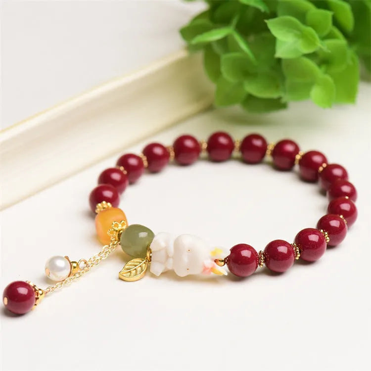 Tian Yu natural cinnabar bracelet with bunny rabbit design, 8mm or 10mm beads for women