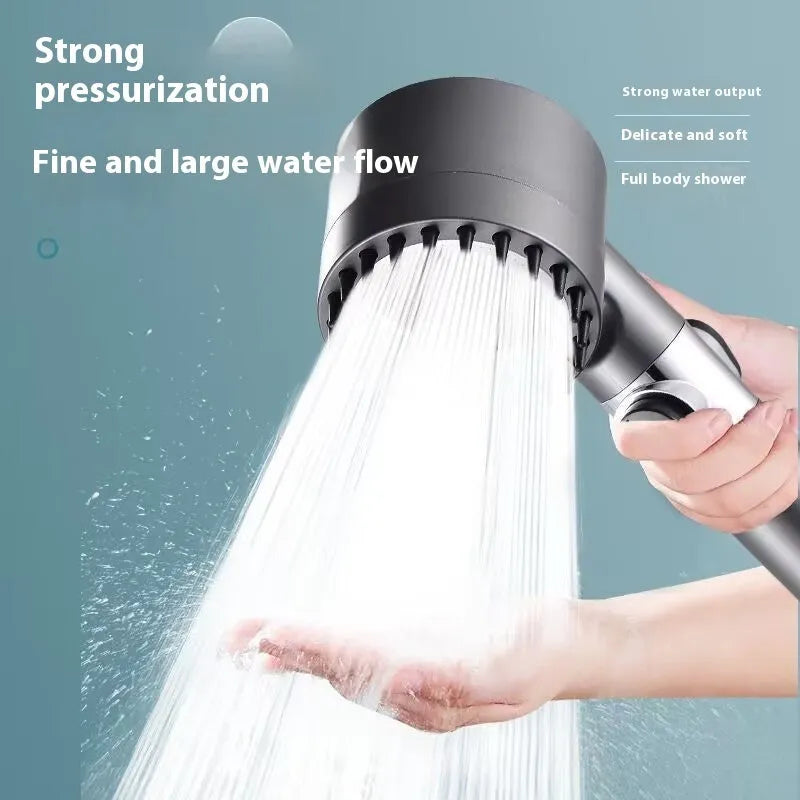 Portable ABS plastic shower head with third gear adjustment for spray, massage, and rain settings.