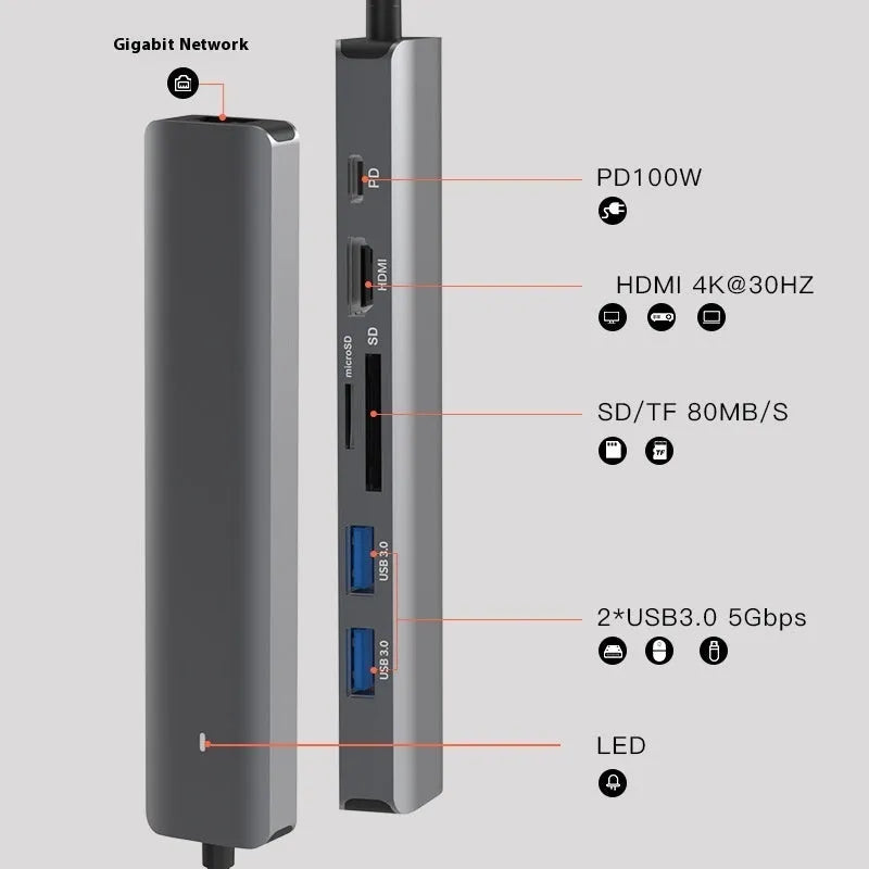 LQT-LH07 seven-in-one USB C hub and card reader adapter for laptops on a desk.