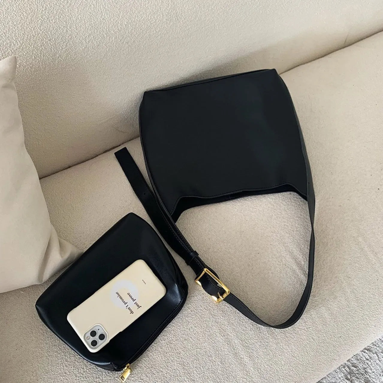 Women's soft PU leather shoulder bag with swinging thread decoration in 28x32x12cm size