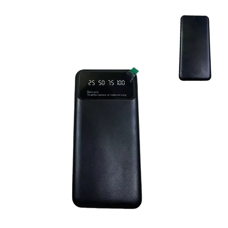 Black ultra-thin 10000mAh power bank with plastic shell on a white background